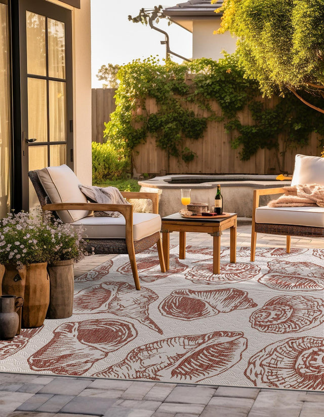 Ivory Rust Red 7' 10 x 7' 10 Outdoor Coastal Square Area Rug Weather Resistant for Patio, Deck, Terrace, Balcony, Porch 100% Polypropylene Coastal Decor Carpet for Sale at Rug Engine