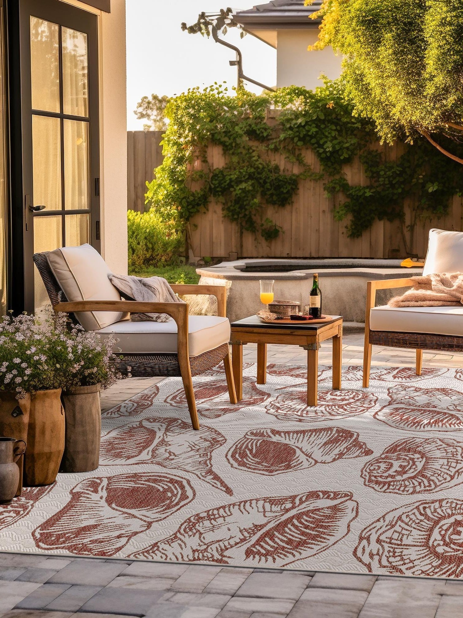 Ivory Rust Red 10' x 10' Outdoor Coastal Square Area Rug Weather Resistant for Patio, Deck, Terrace, Balcony, Porch 100% Polypropylene Coastal Decor Carpet for Sale at Rug Engine