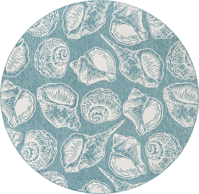 Aqua 10' x 10' Outdoor Coastal Round Area Rug Weather Resistant for Patio, Deck, Terrace, Balcony, Porch 100% Polypropylene Coastal Decor Carpet for Sale at Rug Engine