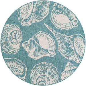 Aqua 5' 3 x 5' 3 Outdoor Coastal Round Area Rug Weather Resistant for Patio, Deck, Terrace, Balcony, Porch 100% Polypropylene Coastal Decor Carpet for Sale at Rug Engine