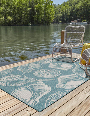 Aqua 6' 1 x 9' Outdoor Coastal Rectangle Area Rug Weather Resistant for Patio, Deck, Terrace, Balcony, Porch 100% Polypropylene Coastal Decor Carpet for Sale at Rug Engine