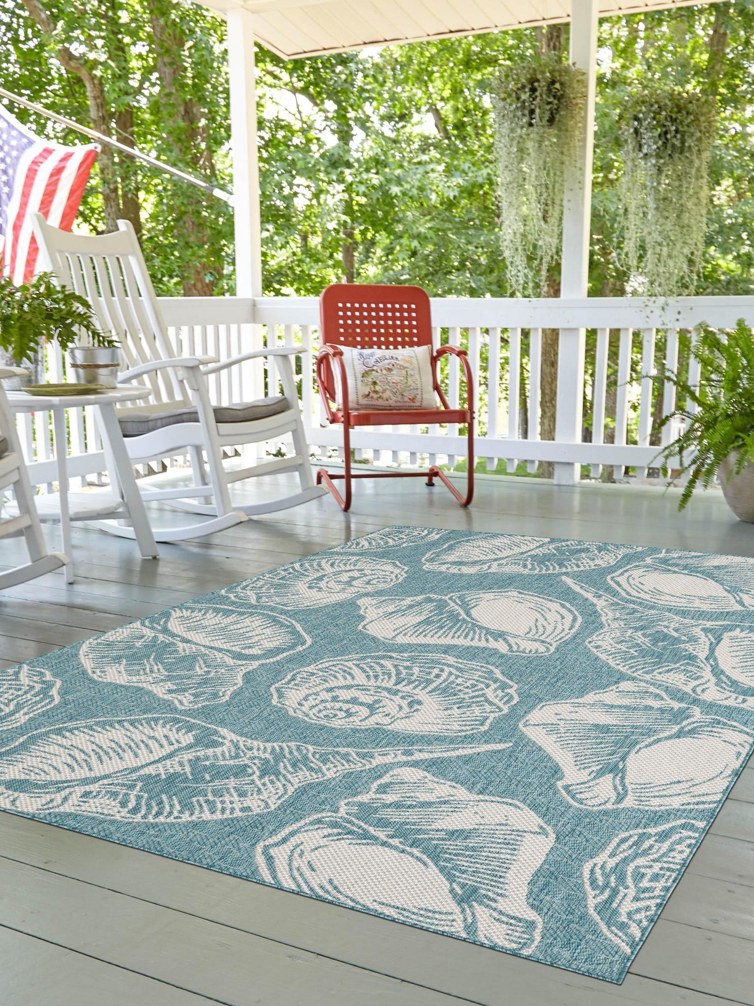 Aqua 6' 1 x 9' Outdoor Coastal Rectangle Area Rug Weather Resistant for Patio, Deck, Terrace, Balcony, Porch 100% Polypropylene Coastal Decor Carpet for Sale at Rug Engine