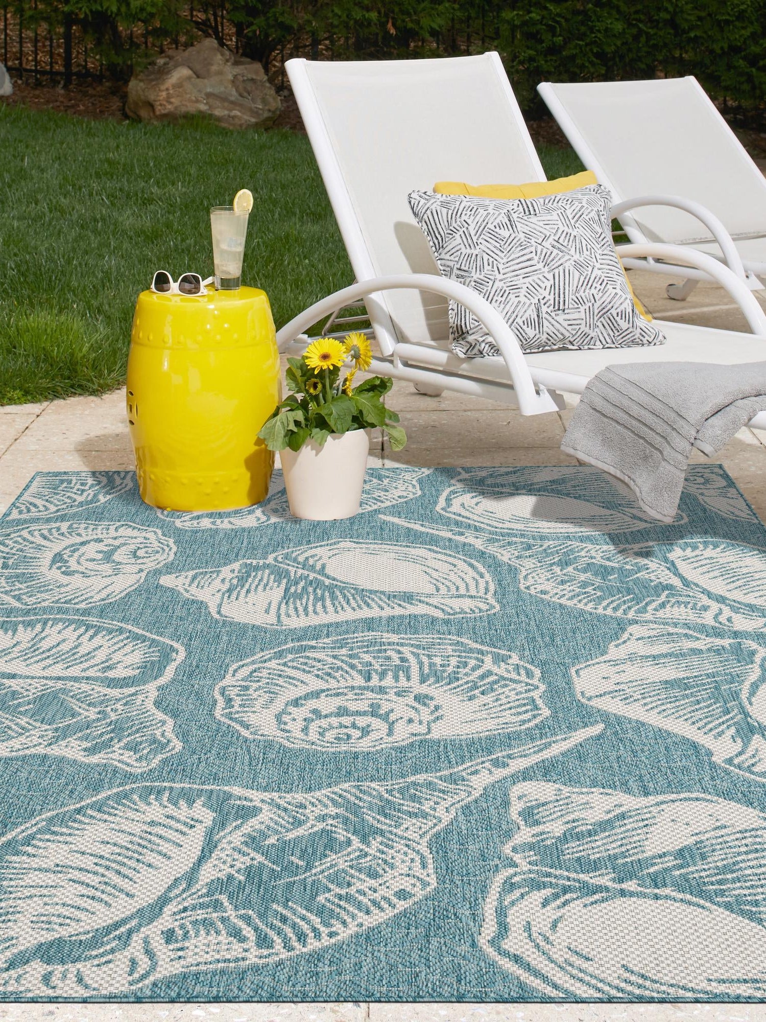 Aqua 5' 3 x 8' Outdoor Coastal Rectangle Area Rug Weather Resistant for Patio, Deck, Terrace, Balcony, Porch 100% Polypropylene Coastal Decor Carpet for Sale at Rug Engine