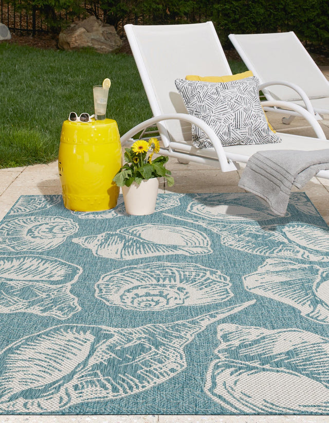 Aqua 6' 1 x 9' Outdoor Coastal Rectangle Area Rug Weather Resistant for Patio, Deck, Terrace, Balcony, Porch 100% Polypropylene Coastal Decor Carpet for Sale at Rug Engine