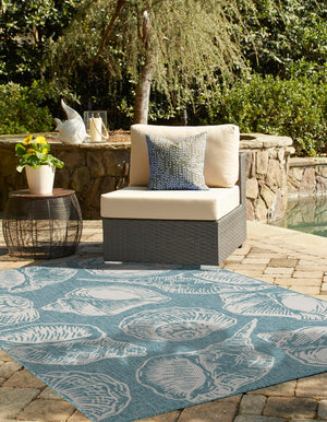 Aqua 5' 3 x 7' 1 Outdoor Coastal Rectangle Area Rug Weather Resistant for Patio, Deck, Terrace, Balcony, Porch 100% Polypropylene Coastal Decor Carpet for Sale at Rug Engine