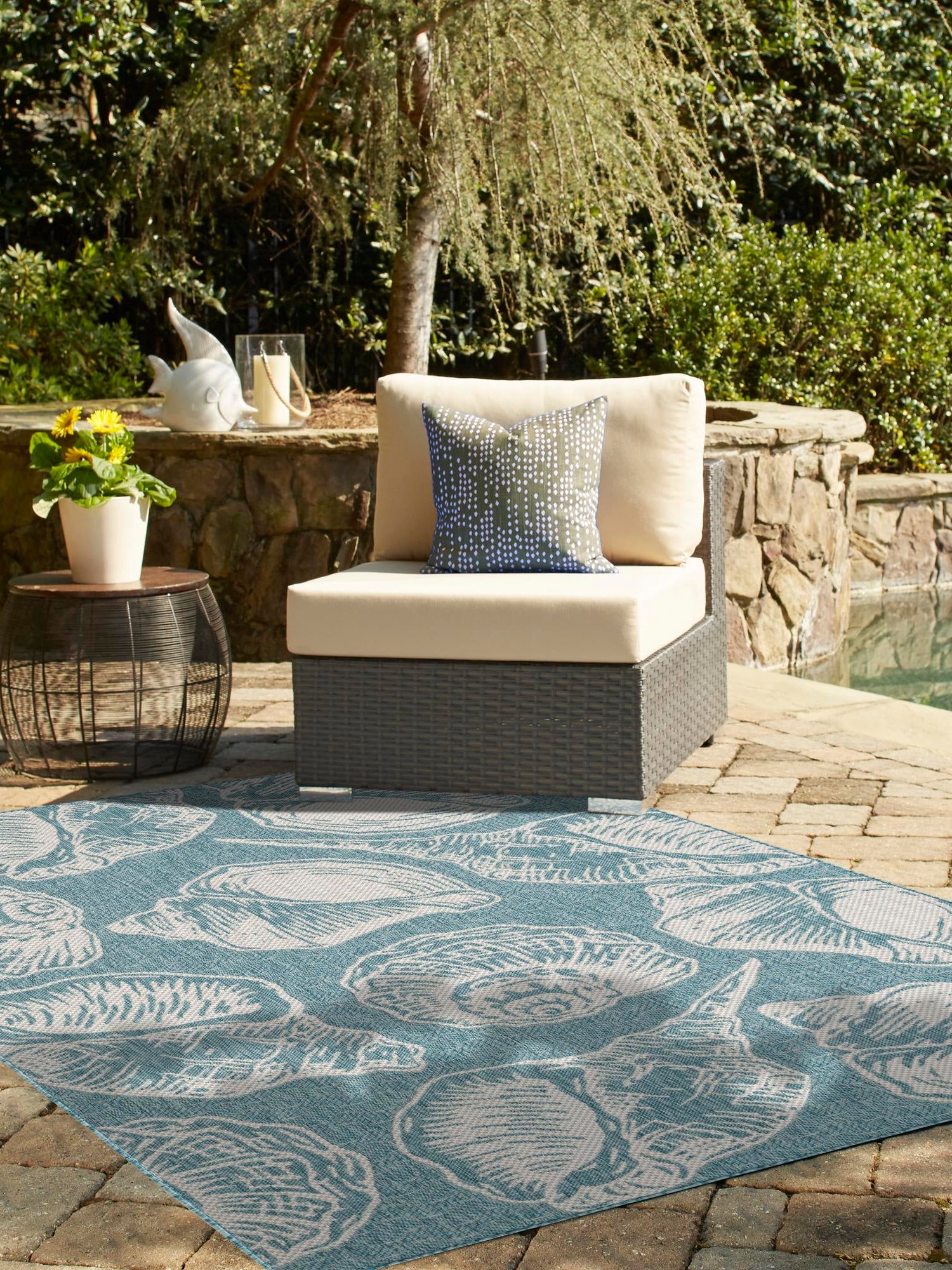 Aqua 4' 1 x 6' 1 Outdoor Coastal Rectangle Area Rug Weather Resistant for Patio, Deck, Terrace, Balcony, Porch 100% Polypropylene Coastal Decor Carpet for Sale at Rug Engine