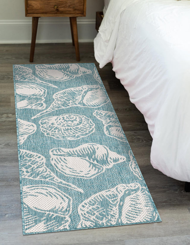 Aqua 2' x 8' Outdoor Coastal Runner Area Rug Weather Resistant for Patio, Deck, Terrace, Balcony, Porch 100% Polypropylene Coastal Decor Carpet for Sale at Rug Engine