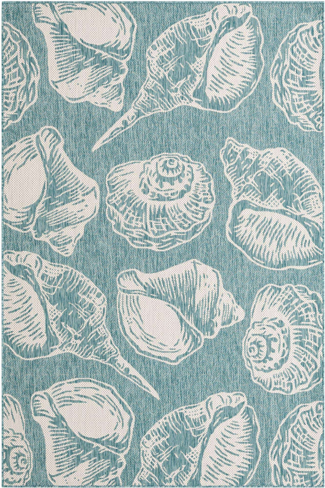 Aqua 6' 1 x 9' Outdoor Coastal Rectangle Area Rug Weather Resistant for Patio, Deck, Terrace, Balcony, Porch 100% Polypropylene Coastal Decor Carpet for Sale at Rug Engine