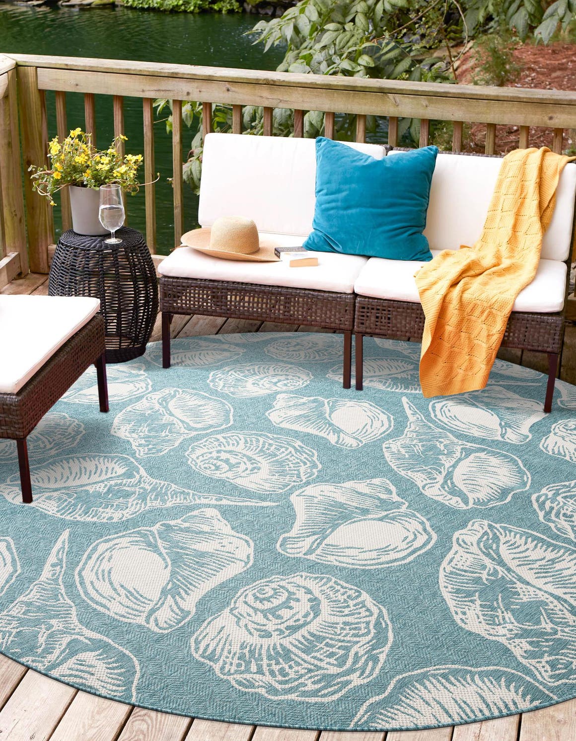 Aqua 7' 10 x 7' 10 Outdoor Coastal Round Area Rug Weather Resistant for Patio, Deck, Terrace, Balcony, Porch 100% Polypropylene Coastal Decor Carpet for Sale at Rug Engine