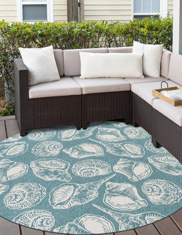 Aqua 3' 1 x 3' 1 Outdoor Coastal Round Area Rug Weather Resistant for Patio, Deck, Terrace, Balcony, Porch 100% Polypropylene Coastal Decor Carpet for Sale at Rug Engine