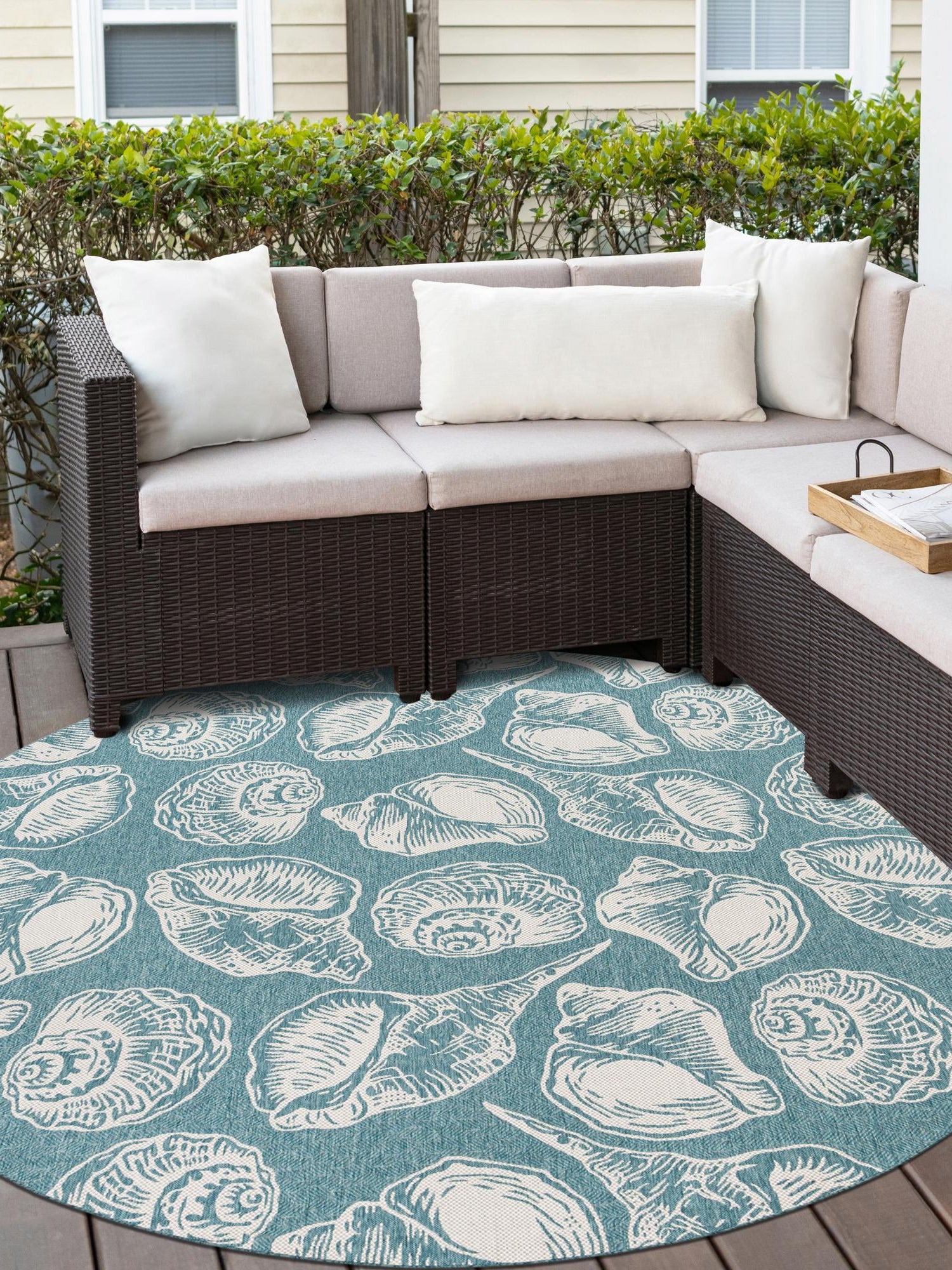 Aqua 12' x 12' Outdoor Coastal Round Area Rug Weather Resistant for Patio, Deck, Terrace, Balcony, Porch 100% Polypropylene Coastal Decor Carpet for Sale at Rug Engine