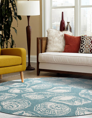 Aqua 7' 10 x 7' 10 Outdoor Coastal Round Area Rug Weather Resistant for Patio, Deck, Terrace, Balcony, Porch 100% Polypropylene Coastal Decor Carpet for Sale at Rug Engine