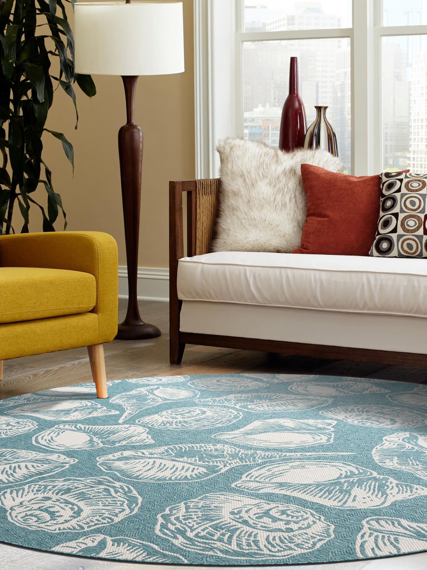 Aqua 5' 3 x 5' 3 Outdoor Coastal Round Area Rug Weather Resistant for Patio, Deck, Terrace, Balcony, Porch 100% Polypropylene Coastal Decor Carpet for Sale at Rug Engine