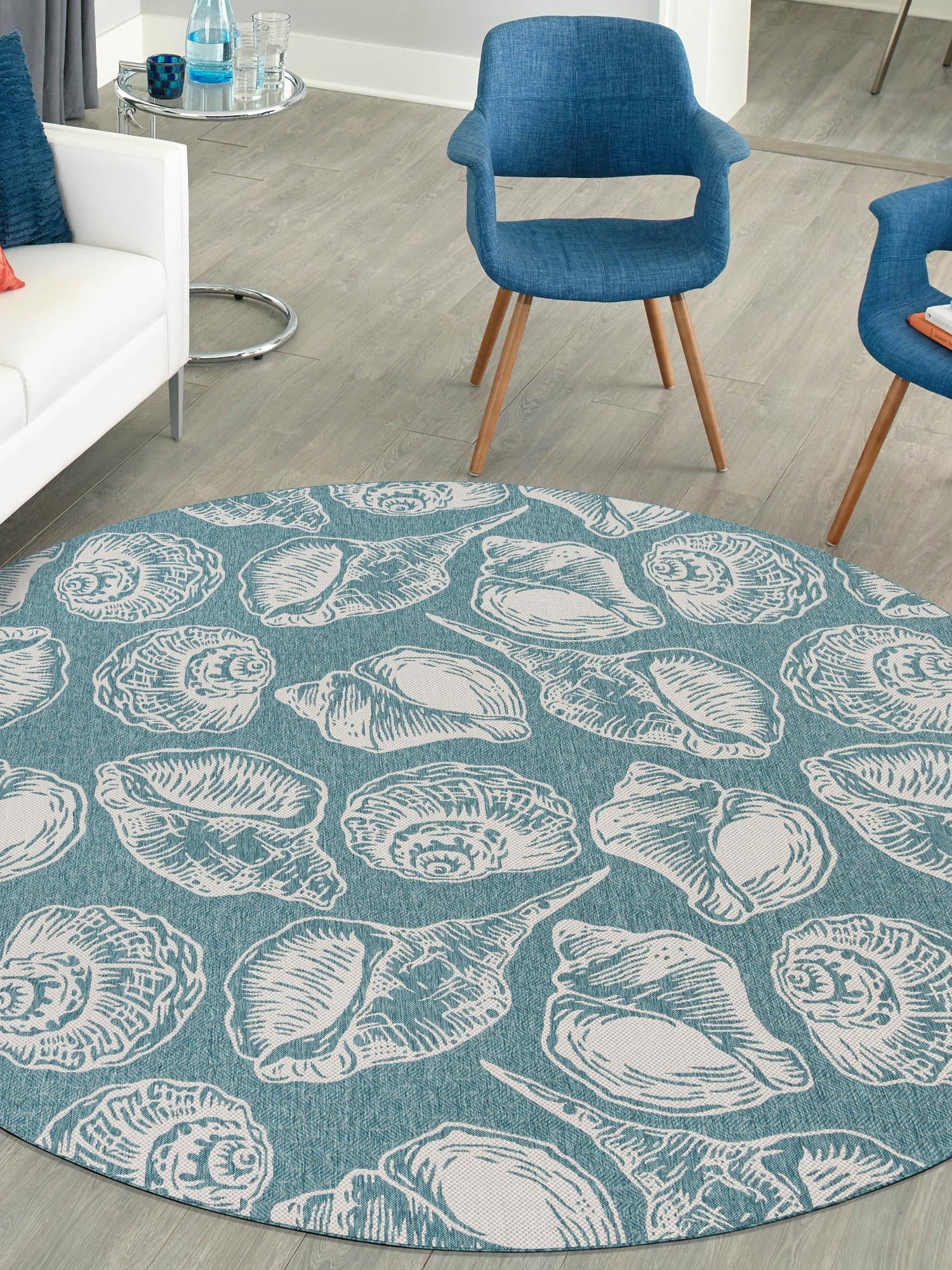 Aqua 3' 1 x 3' 1 Outdoor Coastal Round Area Rug Weather Resistant for Patio, Deck, Terrace, Balcony, Porch 100% Polypropylene Coastal Decor Carpet for Sale at Rug Engine