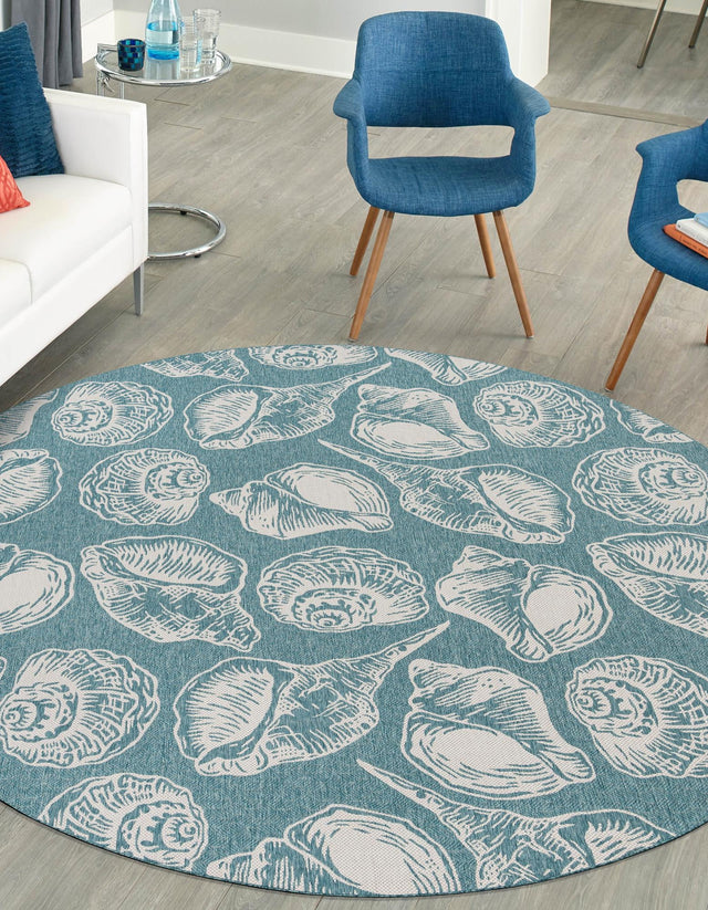Aqua 3' 1 x 3' 1 Outdoor Coastal Round Area Rug Weather Resistant for Patio, Deck, Terrace, Balcony, Porch 100% Polypropylene Coastal Decor Carpet for Sale at Rug Engine