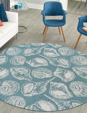 Aqua 12' x 12' Outdoor Coastal Round Area Rug Weather Resistant for Patio, Deck, Terrace, Balcony, Porch 100% Polypropylene Coastal Decor Carpet for Sale at Rug Engine