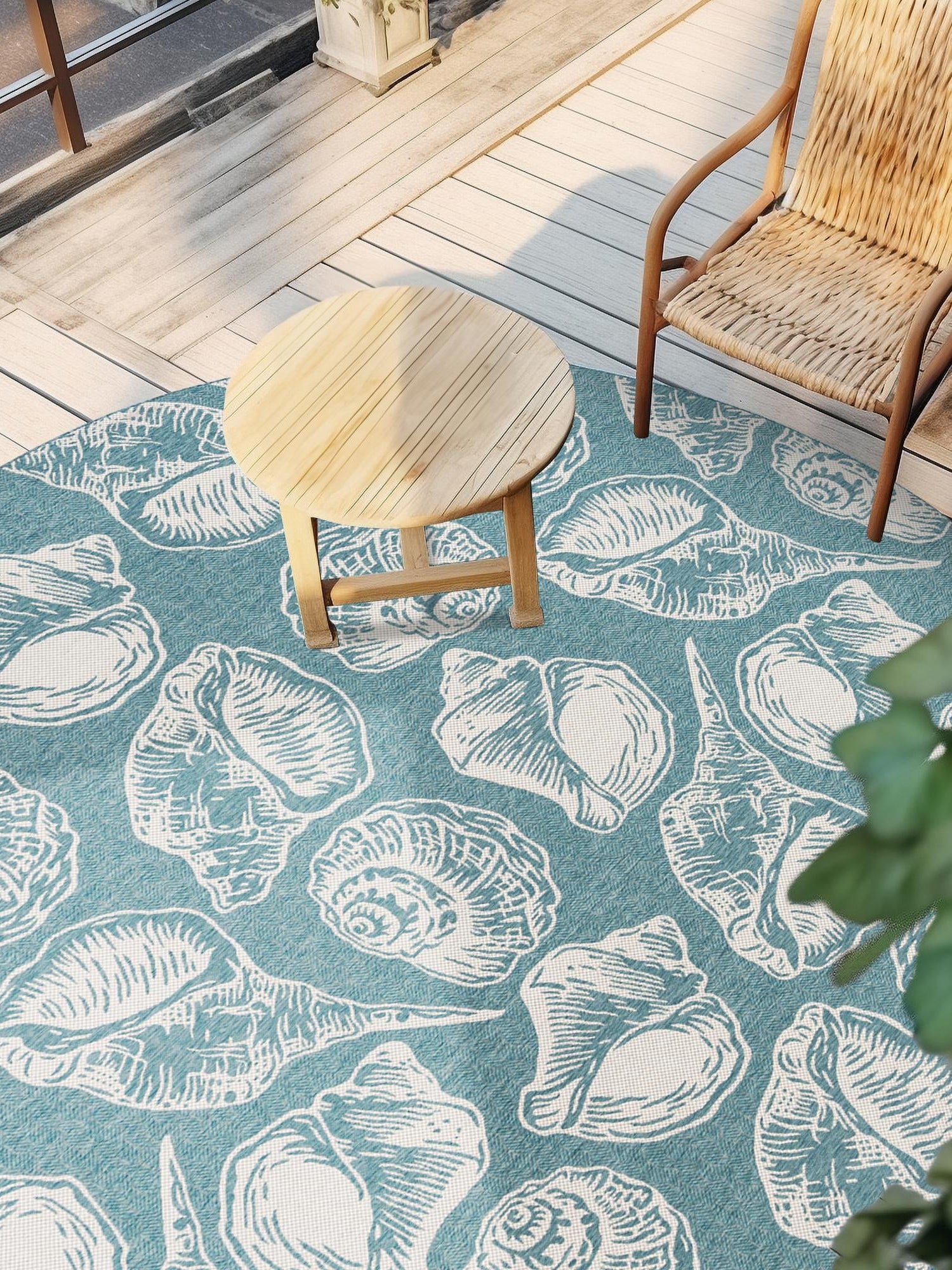 Aqua 10' x 10' Outdoor Coastal Round Area Rug Weather Resistant for Patio, Deck, Terrace, Balcony, Porch 100% Polypropylene Coastal Decor Carpet for Sale at Rug Engine
