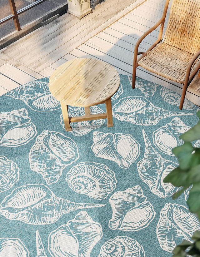 Aqua 10' x 10' Outdoor Coastal Round Area Rug Weather Resistant for Patio, Deck, Terrace, Balcony, Porch 100% Polypropylene Coastal Decor Carpet for Sale at Rug Engine