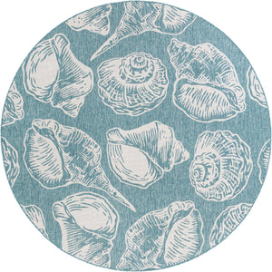 Aqua 7' 10 x 7' 10 Outdoor Coastal Round Area Rug Weather Resistant for Patio, Deck, Terrace, Balcony, Porch 100% Polypropylene Coastal Decor Carpet for Sale at Rug Engine