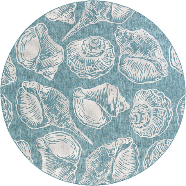 Aqua 7' 10 x 7' 10 Outdoor Coastal Round Area Rug Weather Resistant for Patio, Deck, Terrace, Balcony, Porch 100% Polypropylene Coastal Decor Carpet for Sale at Rug Engine
