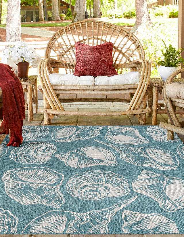 Aqua 7' 10 x 7' 10 Outdoor Coastal Square Area Rug Weather Resistant for Patio, Deck, Terrace, Balcony, Porch 100% Polypropylene Coastal Decor Carpet for Sale at Rug Engine