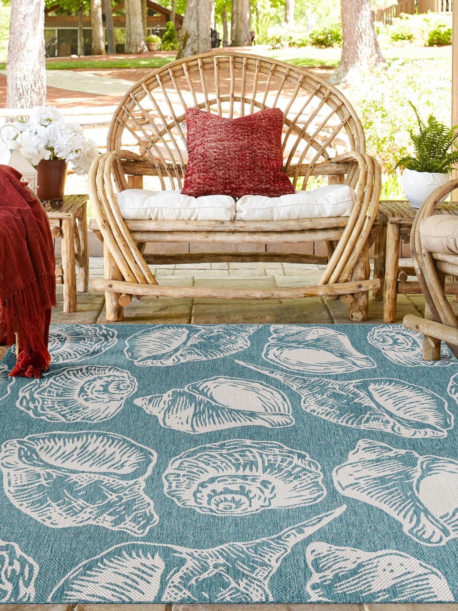 Aqua 10' x 10' Outdoor Coastal Square Area Rug Weather Resistant for Patio, Deck, Terrace, Balcony, Porch 100% Polypropylene Coastal Decor Carpet for Sale at Rug Engine