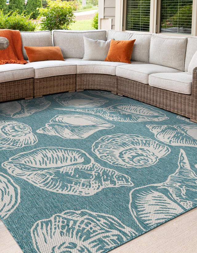 Aqua 10' x 10' Outdoor Coastal Square Area Rug Weather Resistant for Patio, Deck, Terrace, Balcony, Porch 100% Polypropylene Coastal Decor Carpet for Sale at Rug Engine