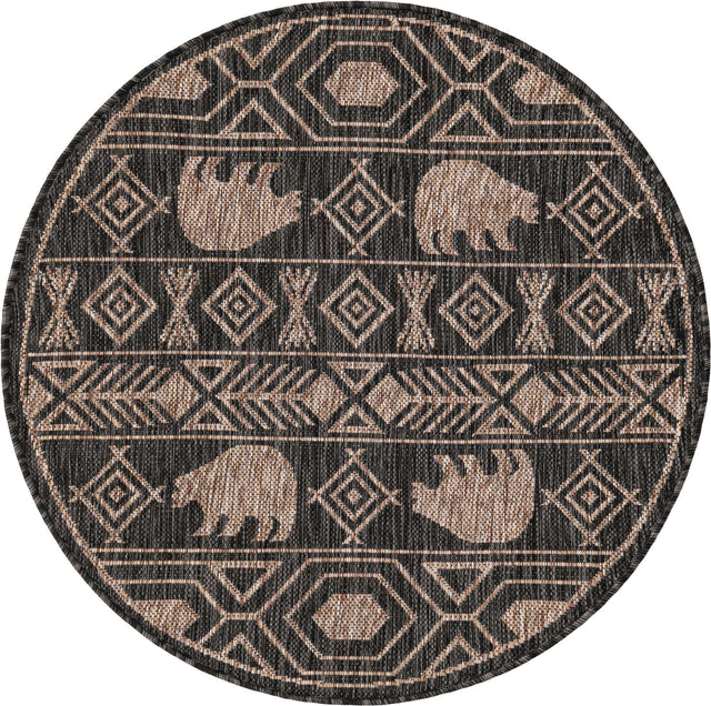 Black 3' 1 x 3' 1 Outdoor Southwestern Round Area Rug Weather Resistant for Patio, Deck, Terrace, Balcony, Porch 100% Polypropylene Rustic Waterproof Carpet for Sale at Rug Engine