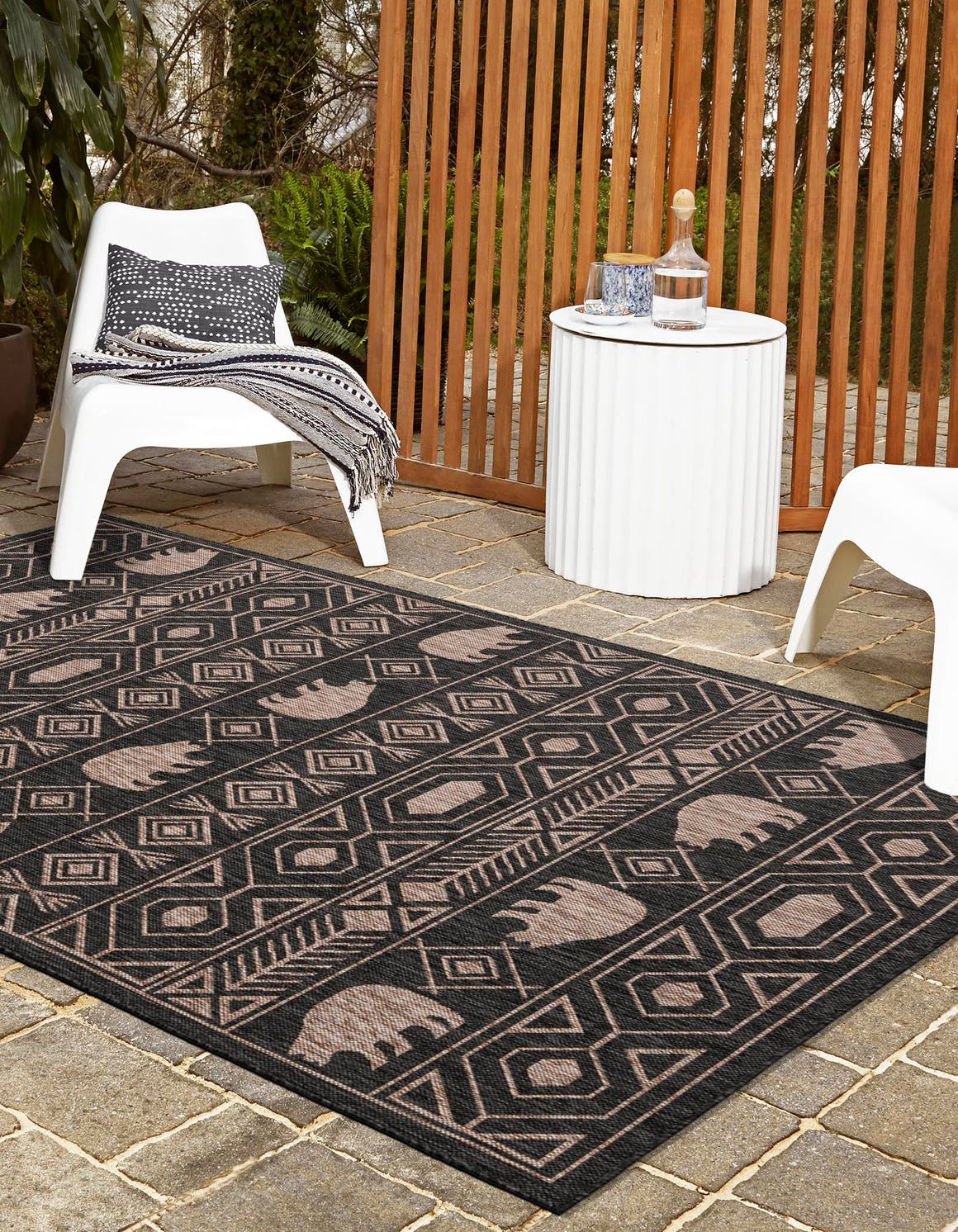 Black 6' 1 x 9' Outdoor Southwestern Rectangle Area Rug Weather Resistant for Patio, Deck, Terrace, Balcony, Porch 100% Polypropylene Rustic Waterproof Carpet for Sale at Rug Engine