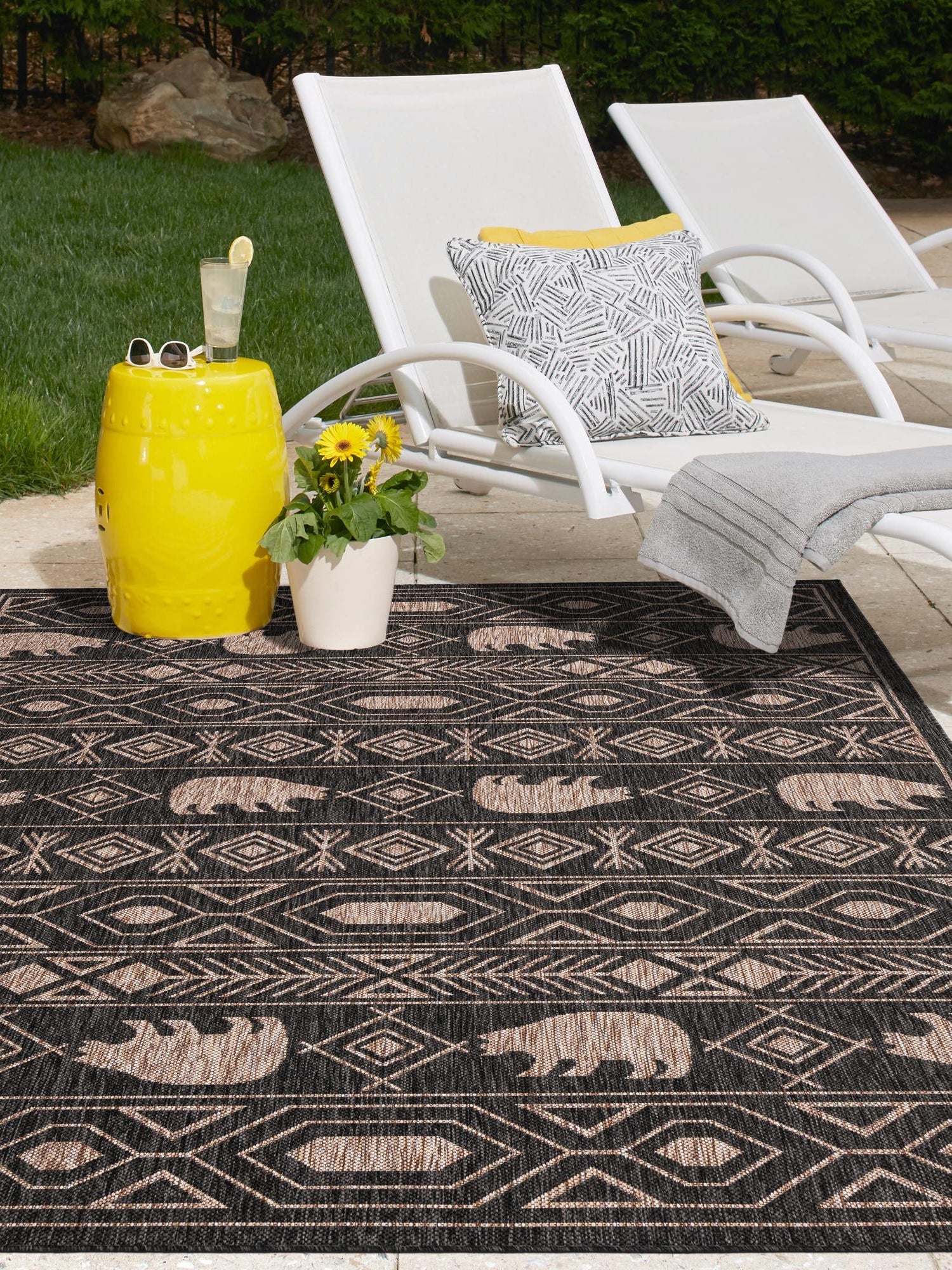 Black 6' 1 x 9' Outdoor Southwestern Rectangle Area Rug Weather Resistant for Patio, Deck, Terrace, Balcony, Porch 100% Polypropylene Rustic Waterproof Carpet for Sale at Rug Engine