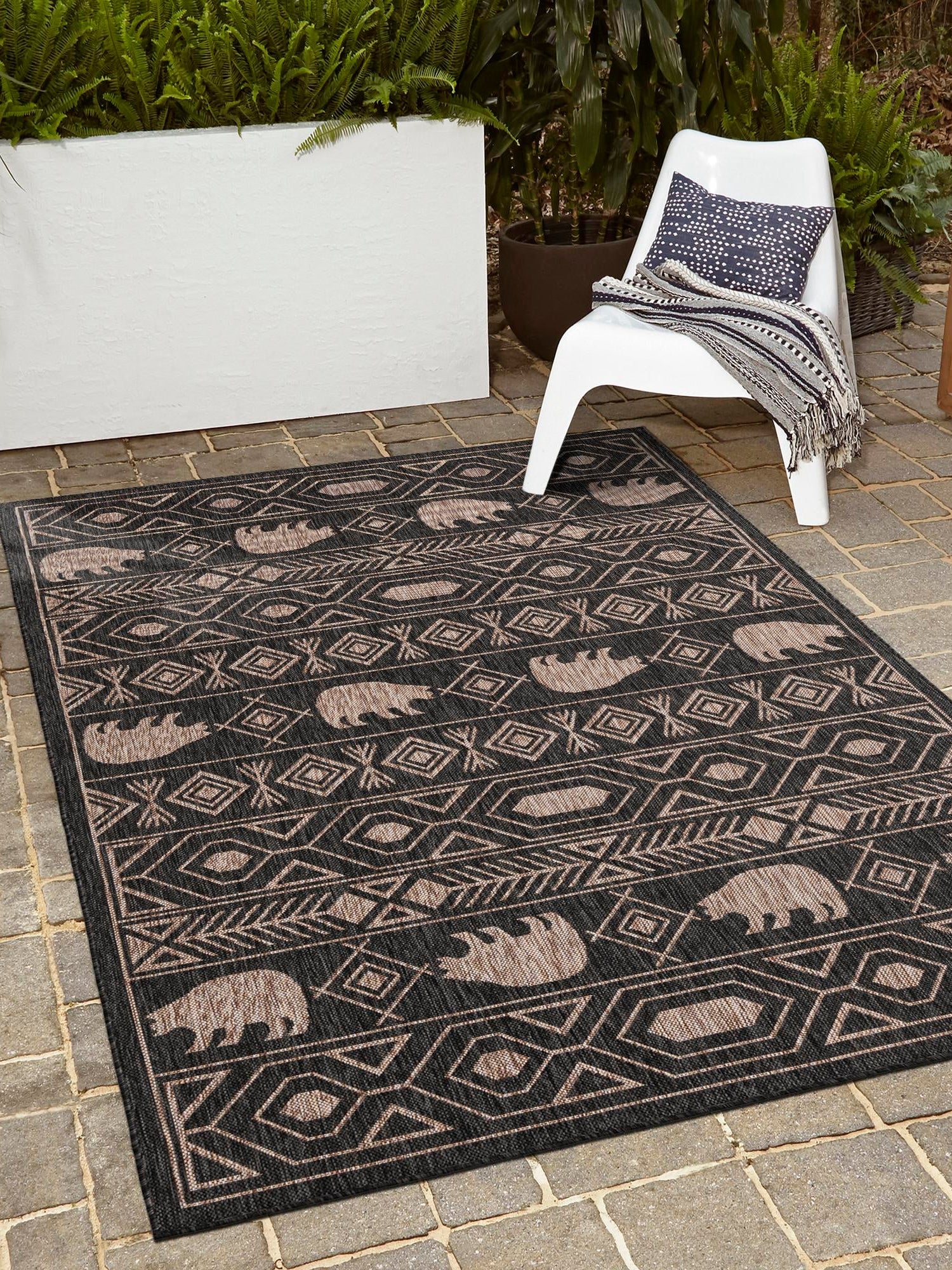 Black 5' 3 x 8' Outdoor Southwestern Rectangle Area Rug Weather Resistant for Patio, Deck, Terrace, Balcony, Porch 100% Polypropylene Rustic Waterproof Carpet for Sale at Rug Engine