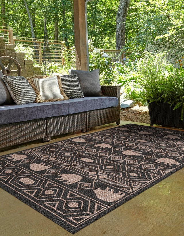 Black 4' 1 x 6' 1 Outdoor Southwestern Rectangle Area Rug Weather Resistant for Patio, Deck, Terrace, Balcony, Porch 100% Polypropylene Rustic Waterproof Carpet for Sale at Rug Engine