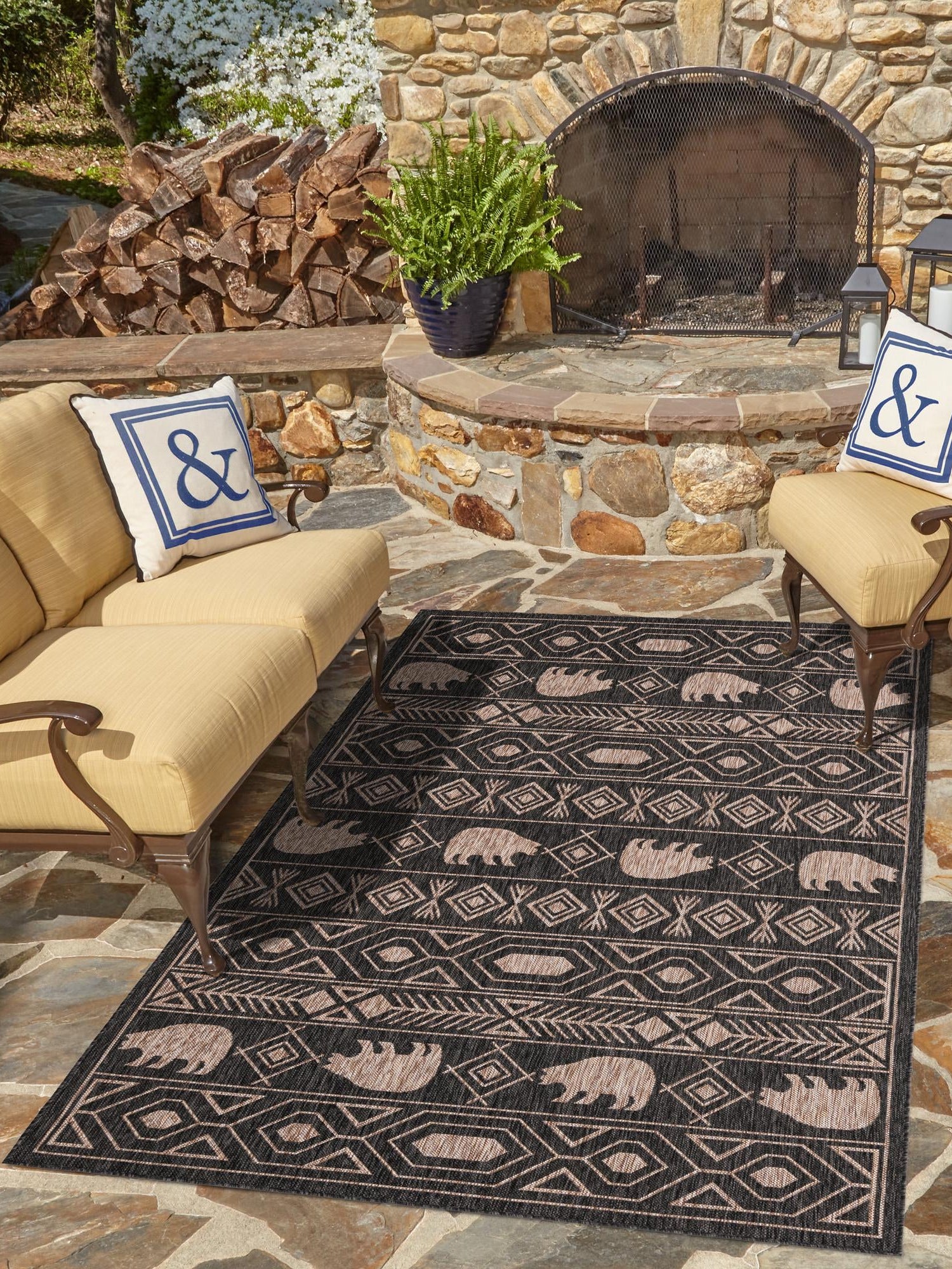 Black 7' 10 x 10' Outdoor Southwestern Rectangle Area Rug Weather Resistant for Patio, Deck, Terrace, Balcony, Porch 100% Polypropylene Rustic Waterproof Carpet for Sale at Rug Engine