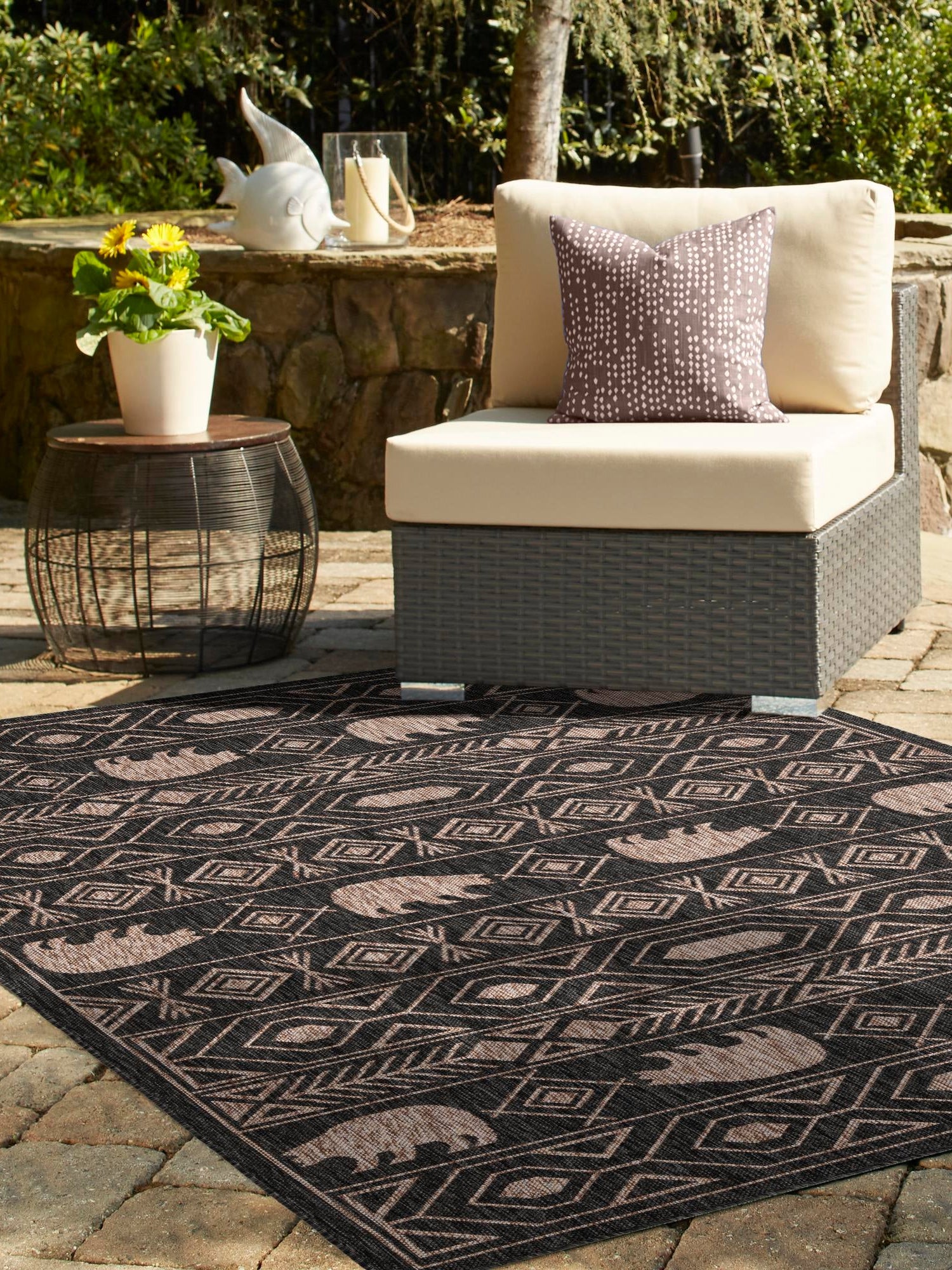Black 10' x 14' 1 Outdoor Southwestern Rectangle Area Rug Weather Resistant for Patio, Deck, Terrace, Balcony, Porch 100% Polypropylene Rustic Waterproof Carpet for Sale at Rug Engine