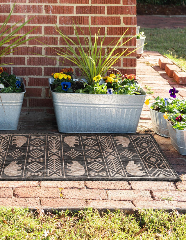 Black 2' x 5' 3 Outdoor Southwestern Runner Area Rug Weather Resistant for Patio, Deck, Terrace, Balcony, Porch 100% Polypropylene Rustic Waterproof Carpet for Sale at Rug Engine