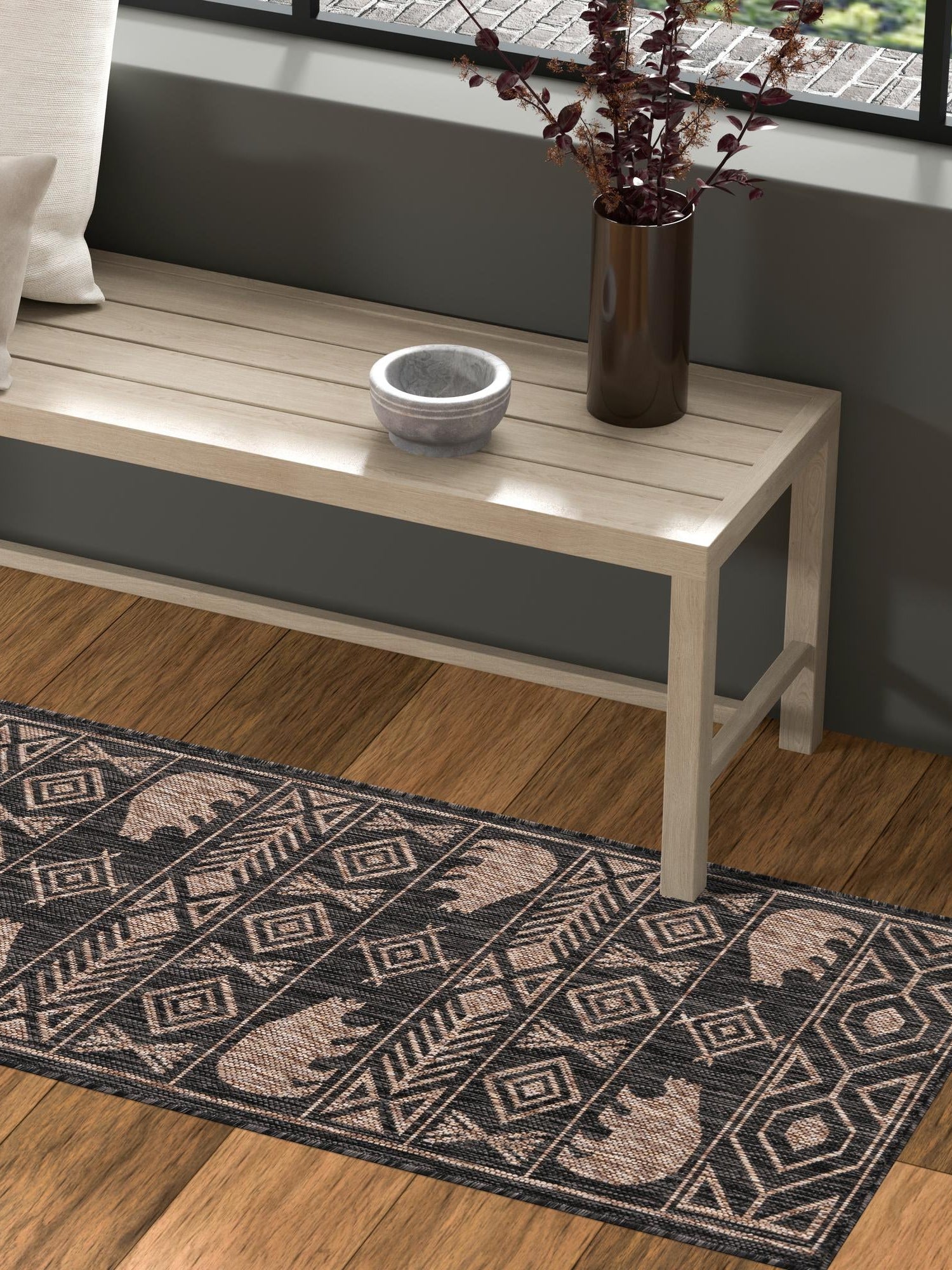 Black 2' x 4' 1 Outdoor Southwestern Runner Area Rug Weather Resistant for Patio, Deck, Terrace, Balcony, Porch 100% Polypropylene Rustic Waterproof Carpet for Sale at Rug Engine