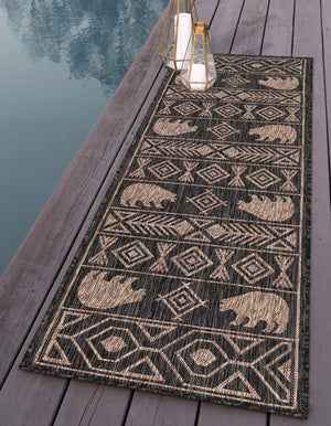 Black 2' x 5' 3 Outdoor Southwestern Runner Area Rug Weather Resistant for Patio, Deck, Terrace, Balcony, Porch 100% Polypropylene Rustic Waterproof Carpet for Sale at Rug Engine