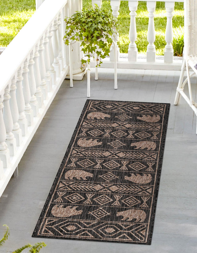 Black 2' 7 x 12' Outdoor Southwestern Runner Area Rug Weather Resistant for Patio, Deck, Terrace, Balcony, Porch 100% Polypropylene Rustic Waterproof Carpet for Sale at Rug Engine