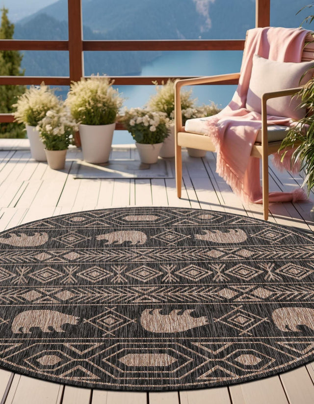 Black 10' x 10' Outdoor Southwestern Round Area Rug Weather Resistant for Patio, Deck, Terrace, Balcony, Porch 100% Polypropylene Rustic Waterproof Carpet for Sale at Rug Engine