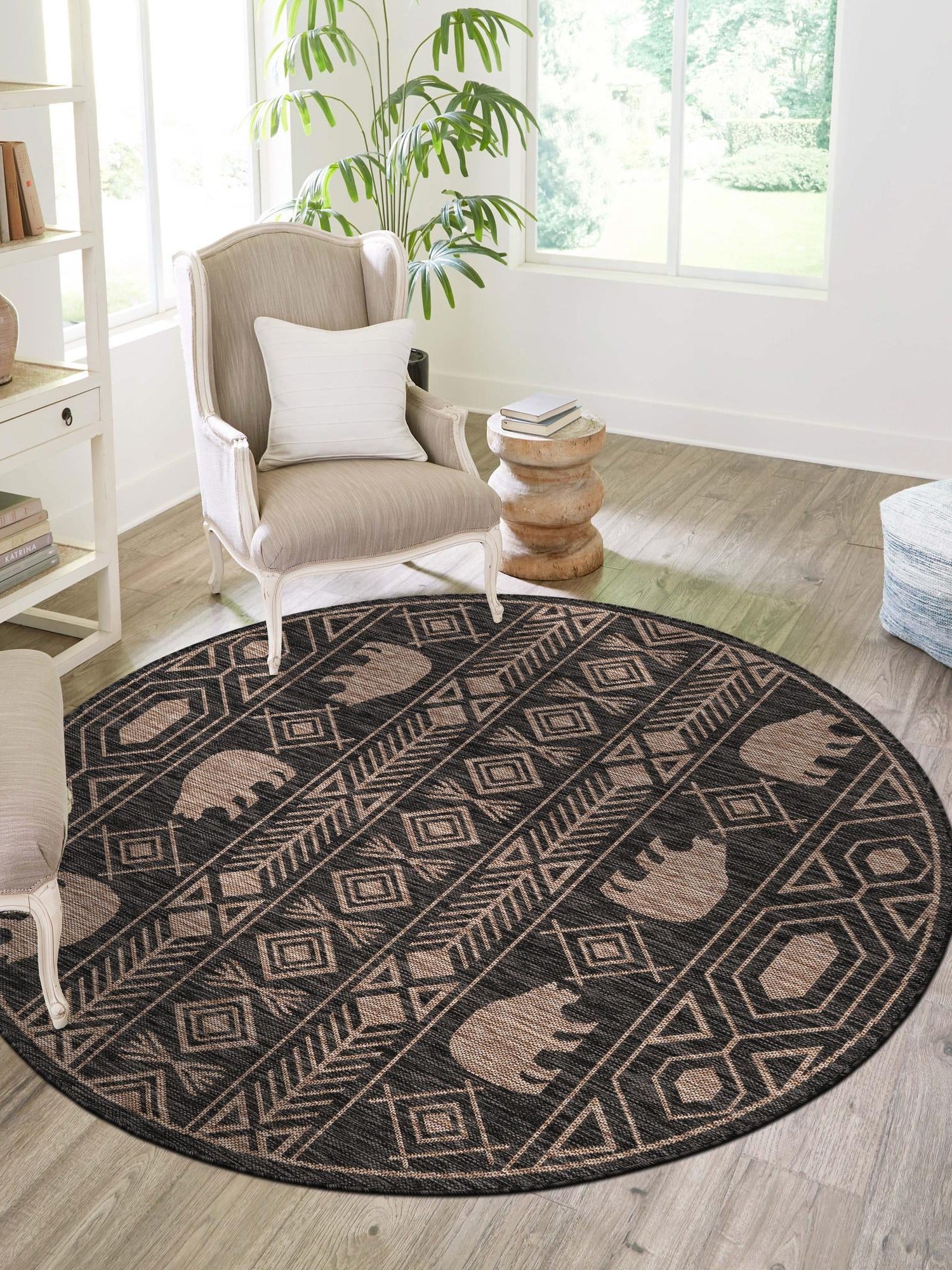 Black 5' 3 x 5' 3 Outdoor Southwestern Round Area Rug Weather Resistant for Patio, Deck, Terrace, Balcony, Porch 100% Polypropylene Rustic Waterproof Carpet for Sale at Rug Engine