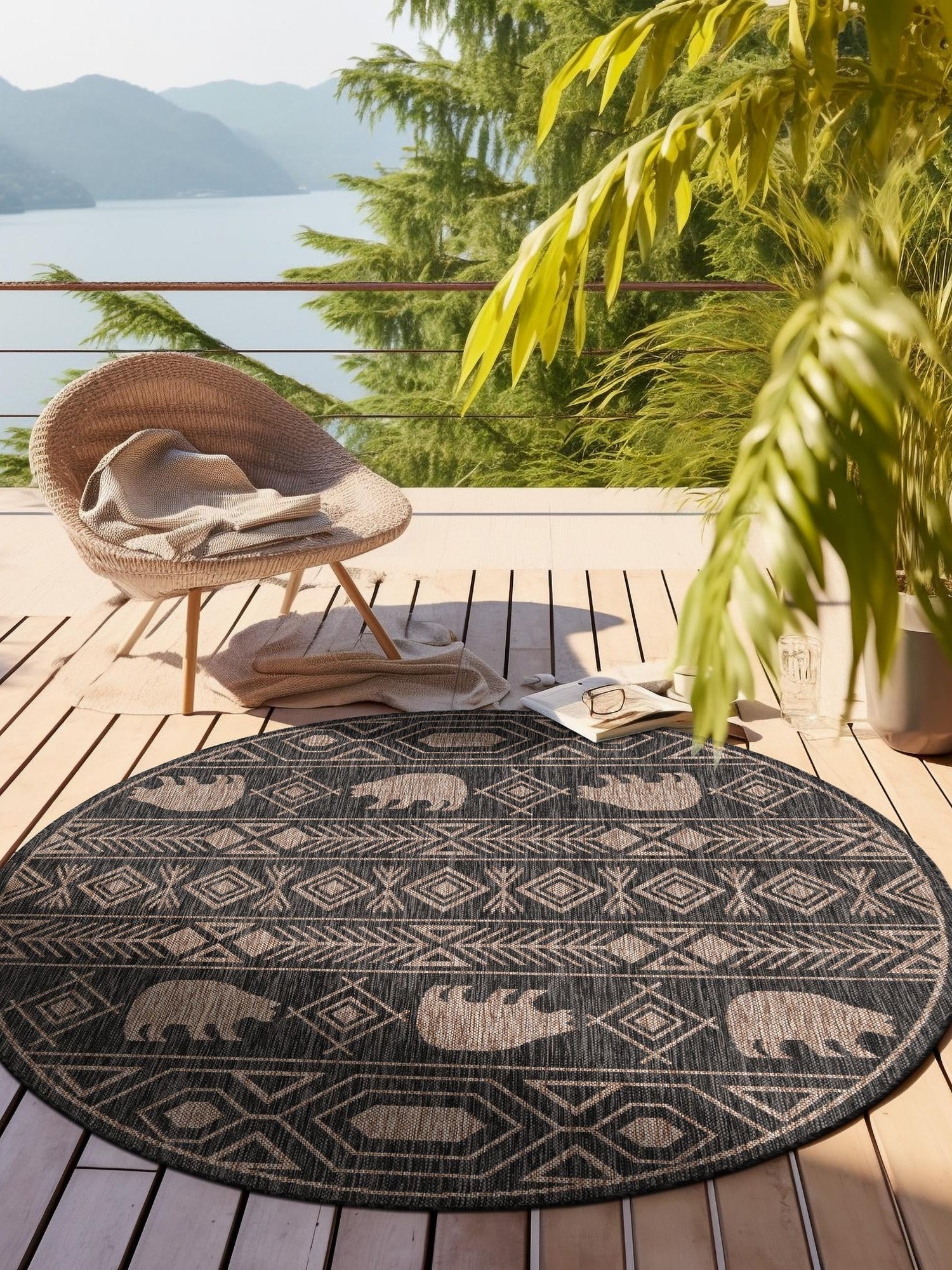 Black 3' 1 x 3' 1 Outdoor Southwestern Round Area Rug Weather Resistant for Patio, Deck, Terrace, Balcony, Porch 100% Polypropylene Rustic Waterproof Carpet for Sale at Rug Engine