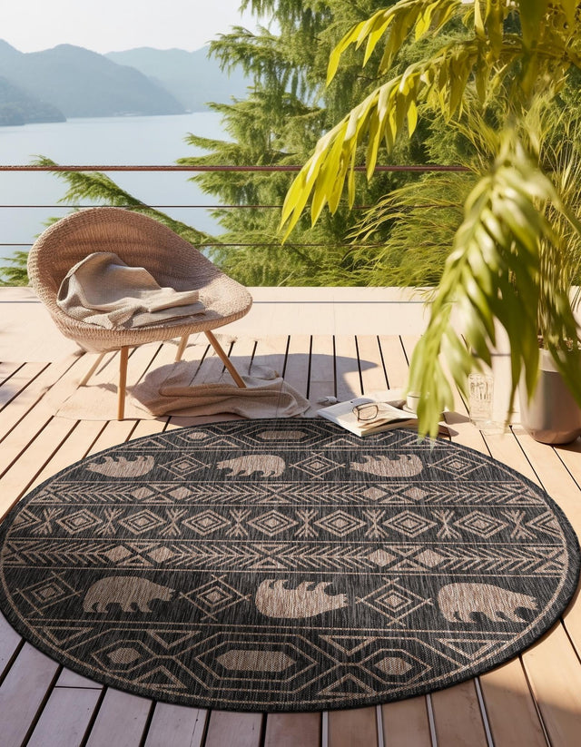 Black 3' 1 x 3' 1 Outdoor Southwestern Round Area Rug Weather Resistant for Patio, Deck, Terrace, Balcony, Porch 100% Polypropylene Rustic Waterproof Carpet for Sale at Rug Engine