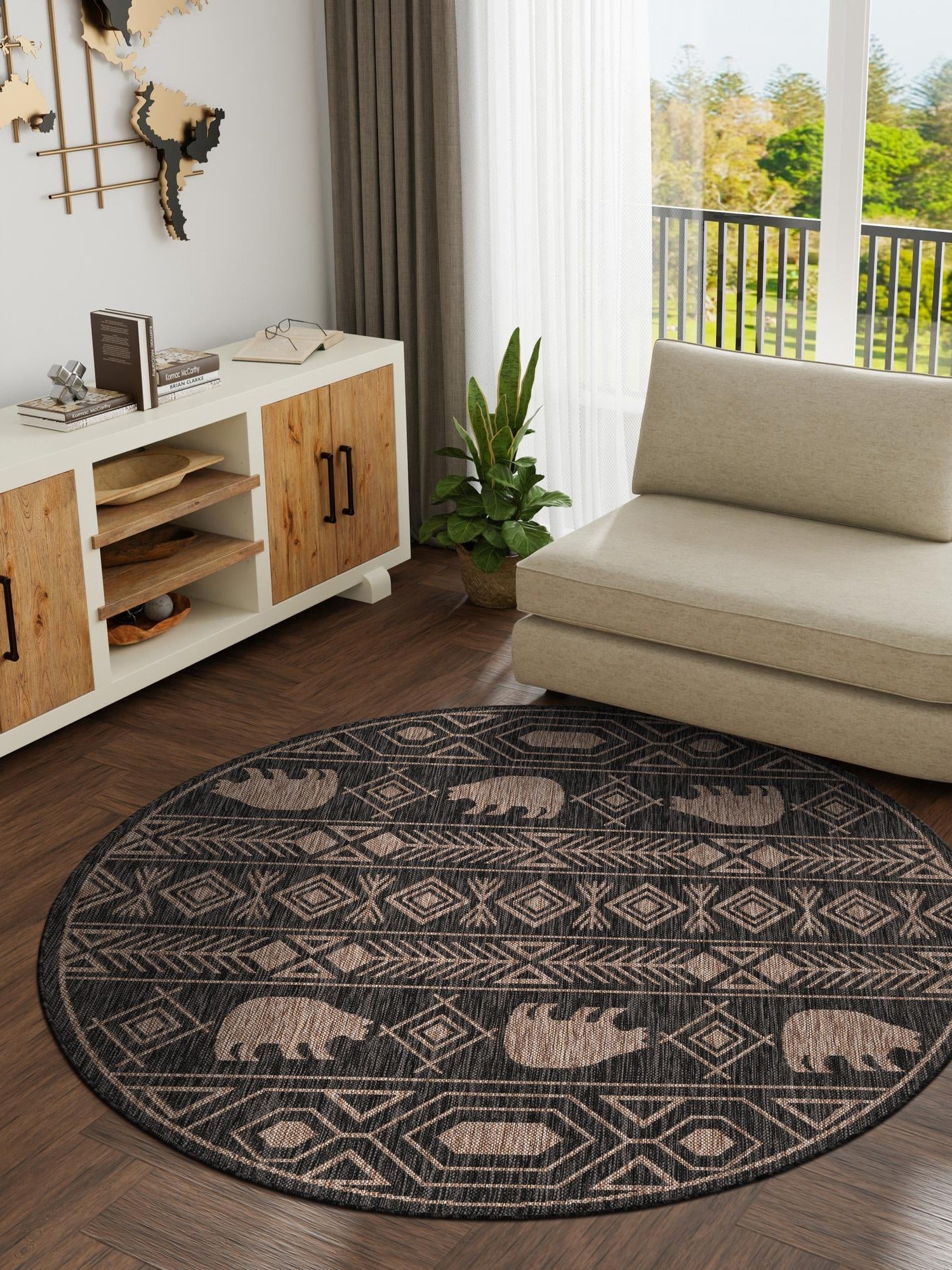 Black 7' 10 x 7' 10 Outdoor Southwestern Round Area Rug Weather Resistant for Patio, Deck, Terrace, Balcony, Porch 100% Polypropylene Rustic Waterproof Carpet for Sale at Rug Engine