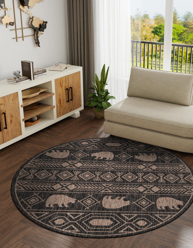 Black 5' 3 x 5' 3 Outdoor Southwestern Round Area Rug Weather Resistant for Patio, Deck, Terrace, Balcony, Porch 100% Polypropylene Rustic Waterproof Carpet for Sale at Rug Engine
