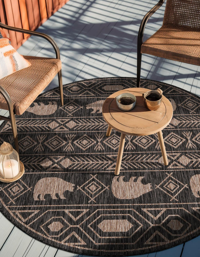 Black 7' 10 x 7' 10 Outdoor Southwestern Round Area Rug Weather Resistant for Patio, Deck, Terrace, Balcony, Porch 100% Polypropylene Rustic Waterproof Carpet for Sale at Rug Engine