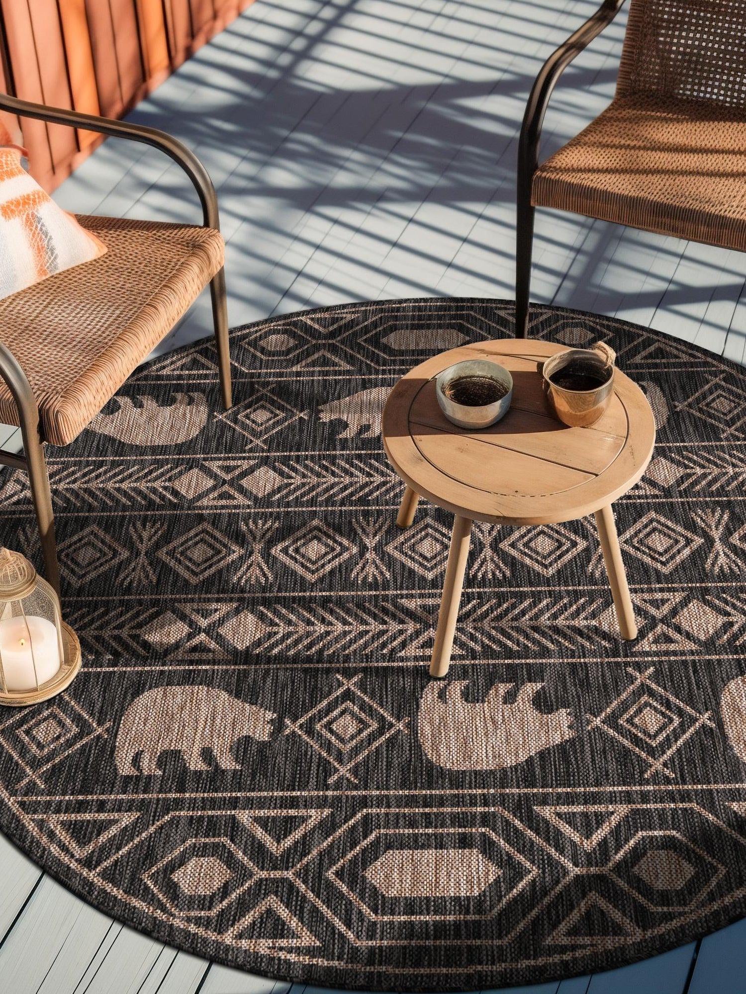 Black 12' x 12' Outdoor Southwestern Round Area Rug Weather Resistant for Patio, Deck, Terrace, Balcony, Porch 100% Polypropylene Rustic Waterproof Carpet for Sale at Rug Engine