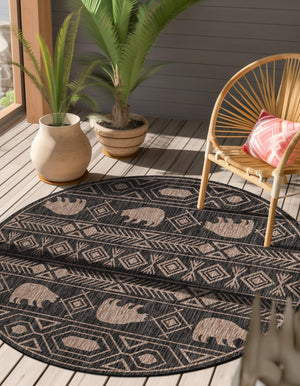 Black 3' 1 x 3' 1 Outdoor Southwestern Round Area Rug Weather Resistant for Patio, Deck, Terrace, Balcony, Porch 100% Polypropylene Rustic Waterproof Carpet for Sale at Rug Engine