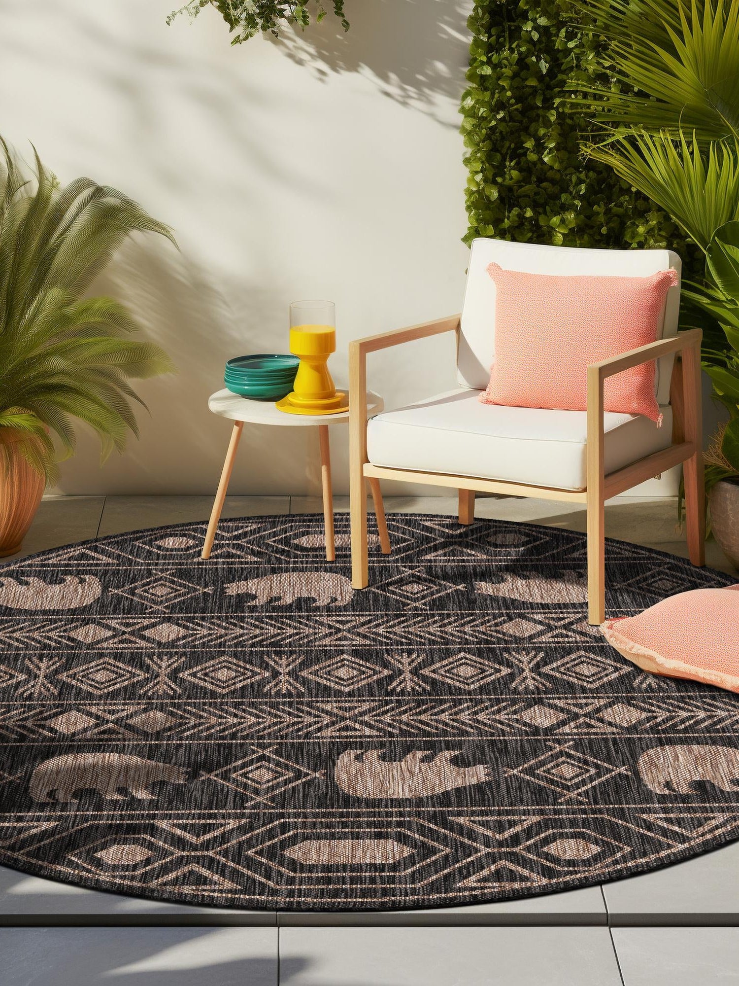 Black 7' 10 x 7' 10 Outdoor Southwestern Round Area Rug Weather Resistant for Patio, Deck, Terrace, Balcony, Porch 100% Polypropylene Rustic Waterproof Carpet for Sale at Rug Engine