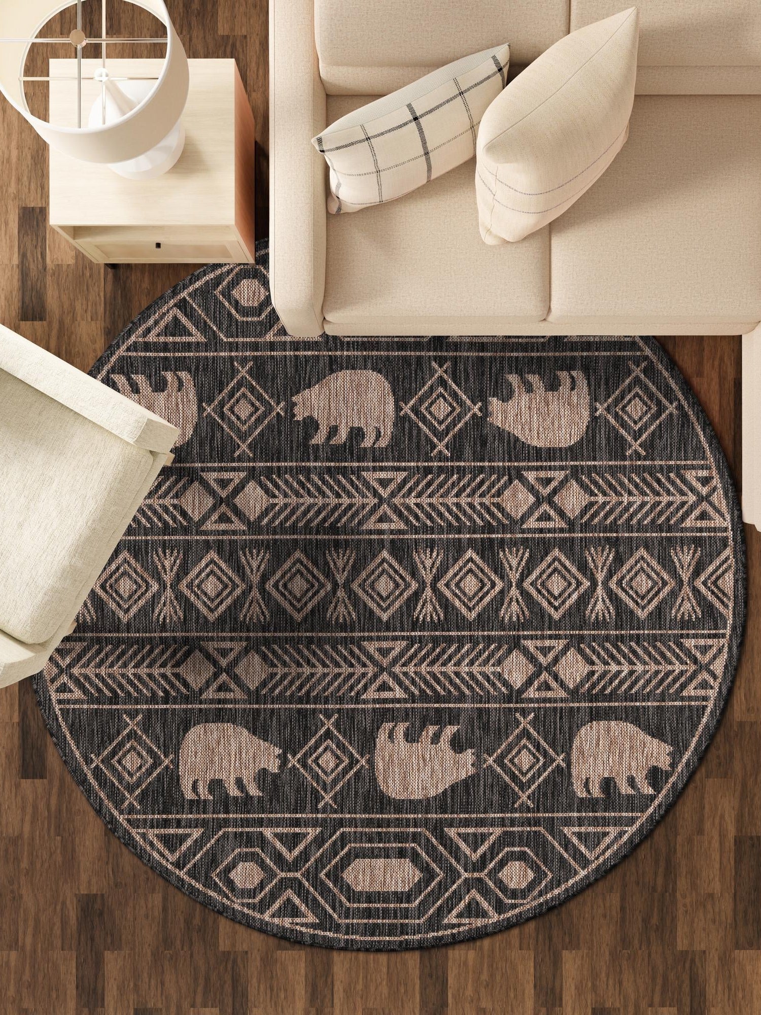 Black 7' 10 x 7' 10 Outdoor Southwestern Round Area Rug Weather Resistant for Patio, Deck, Terrace, Balcony, Porch 100% Polypropylene Rustic Waterproof Carpet for Sale at Rug Engine