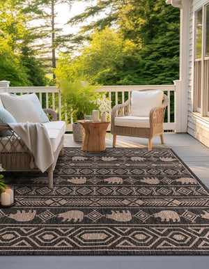 Black 10' x 10' Outdoor Southwestern Square Area Rug Weather Resistant for Patio, Deck, Terrace, Balcony, Porch 100% Polypropylene Rustic Waterproof Carpet for Sale at Rug Engine